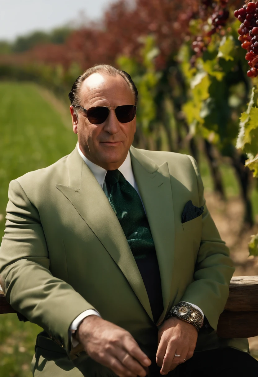 Arafed man in a suit and sunglasses sitting on a bench in a vineyard ...