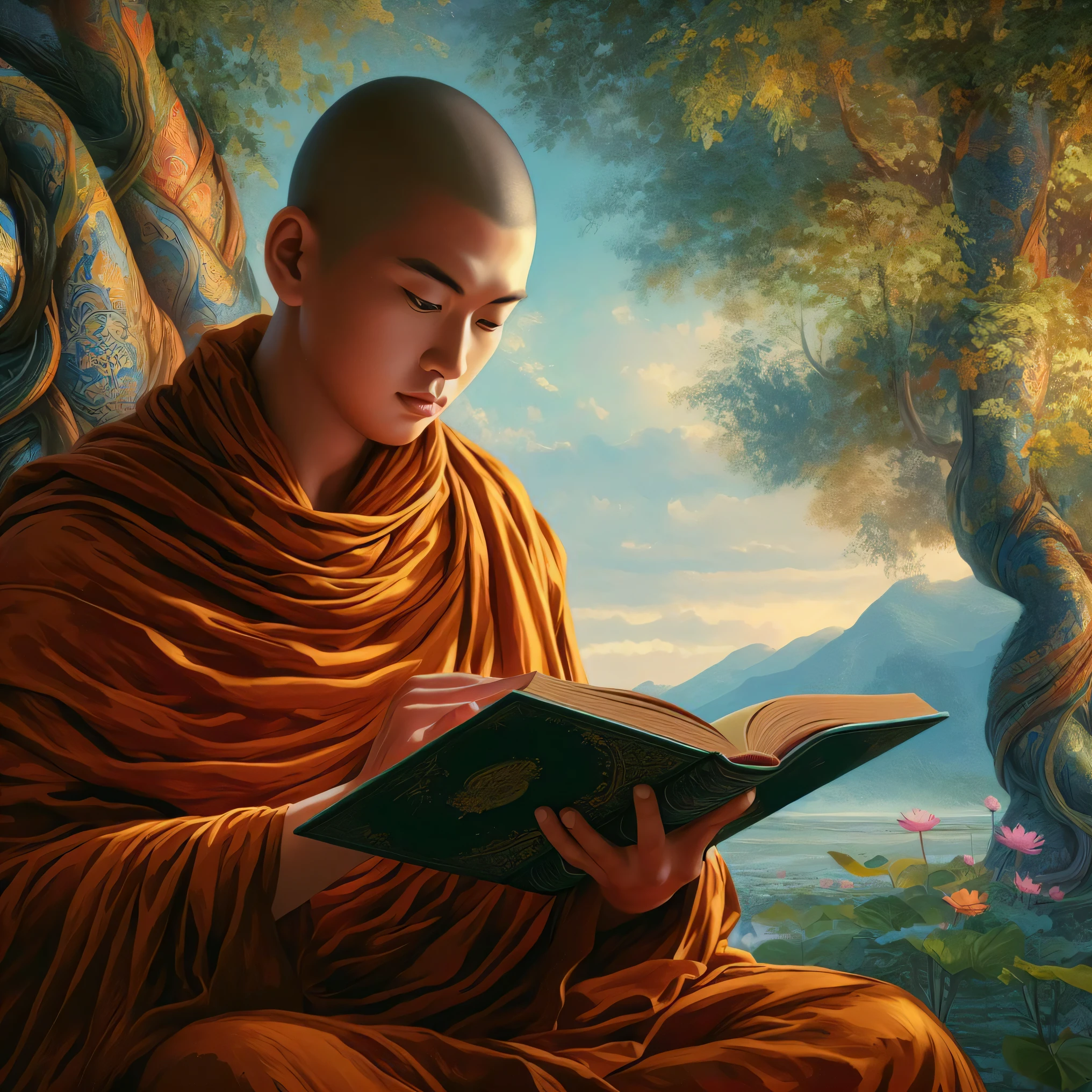 a close up of a person sitting down reading a book, monk meditate, buddhist monk, monk, buddhist monk meditating, portrait of monk, concept art of a monk, buddhist, buddhism, 2 1 st century monk, on the path to enlightenment, on path to enlightenment, enlightenment. intricate, spiritual enlightenment, enlightenment, tithi luadthong, monk clothes
