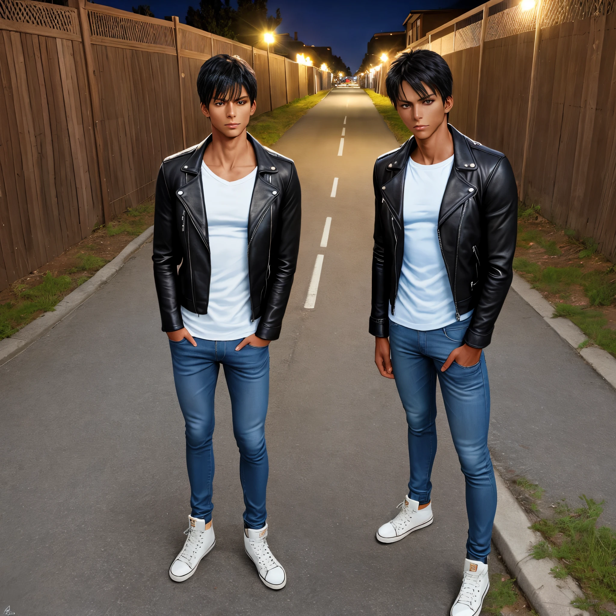 Two young men standing on a street at night with their hands in their  pockets - SeaArt AI