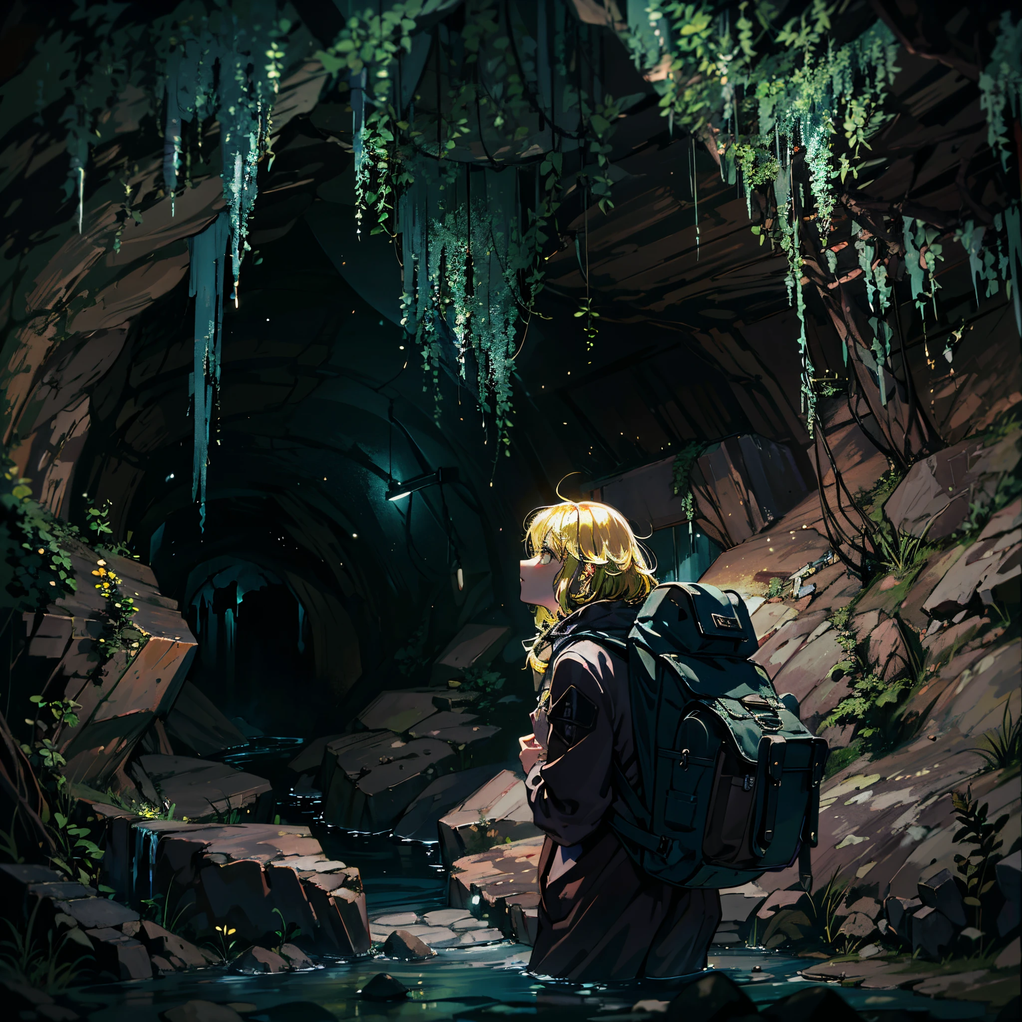 Darkness without light deep underground, eerie limestone caves, icicles, tense air, broken stone statues, a small oasis in the cave, lights, faint light overflowing from the spring, 1 girl, adventurer, big Rucksack, blonde hair, short bob, cinematic light.