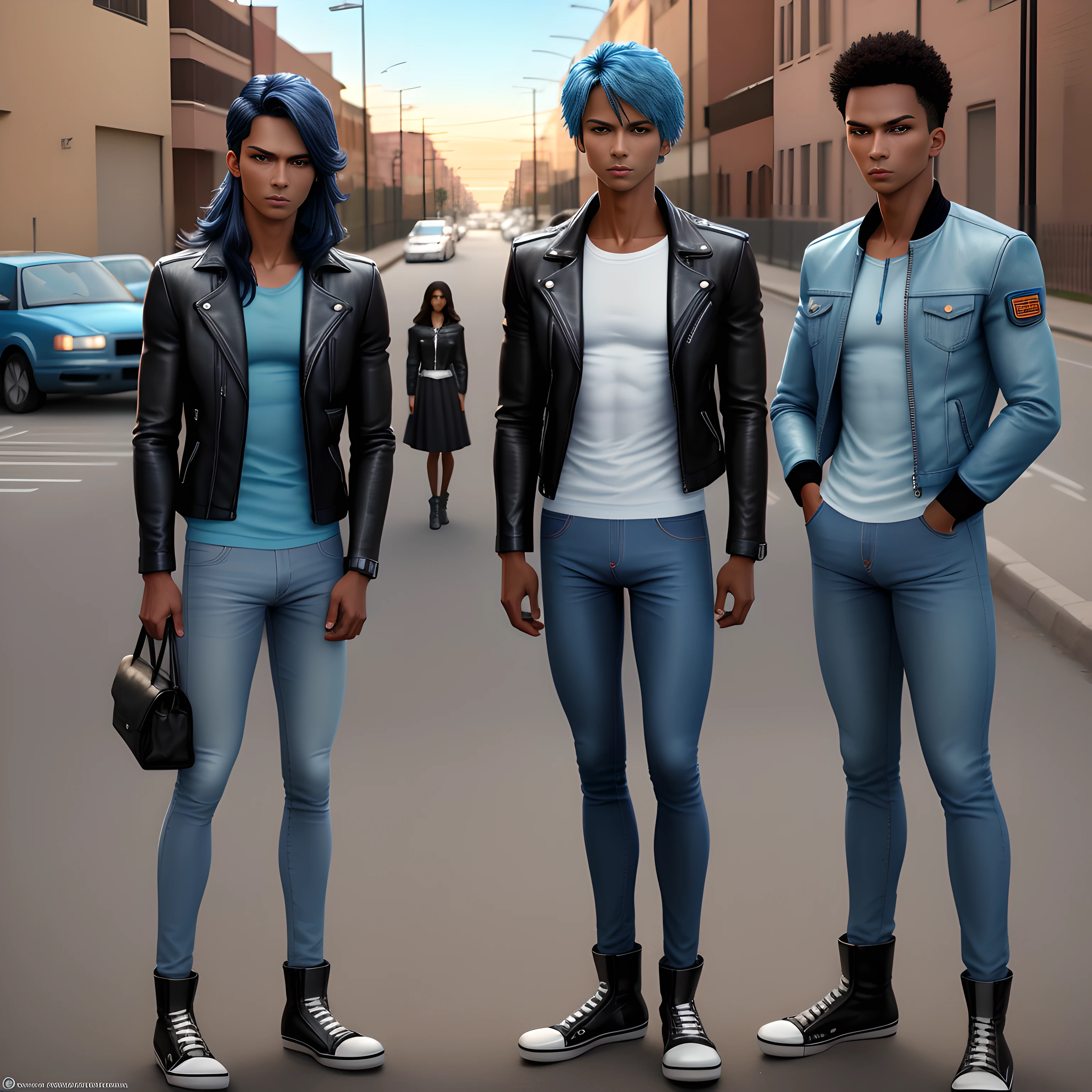 Three people in jeans and jackets standing on a street - SeaArt AI