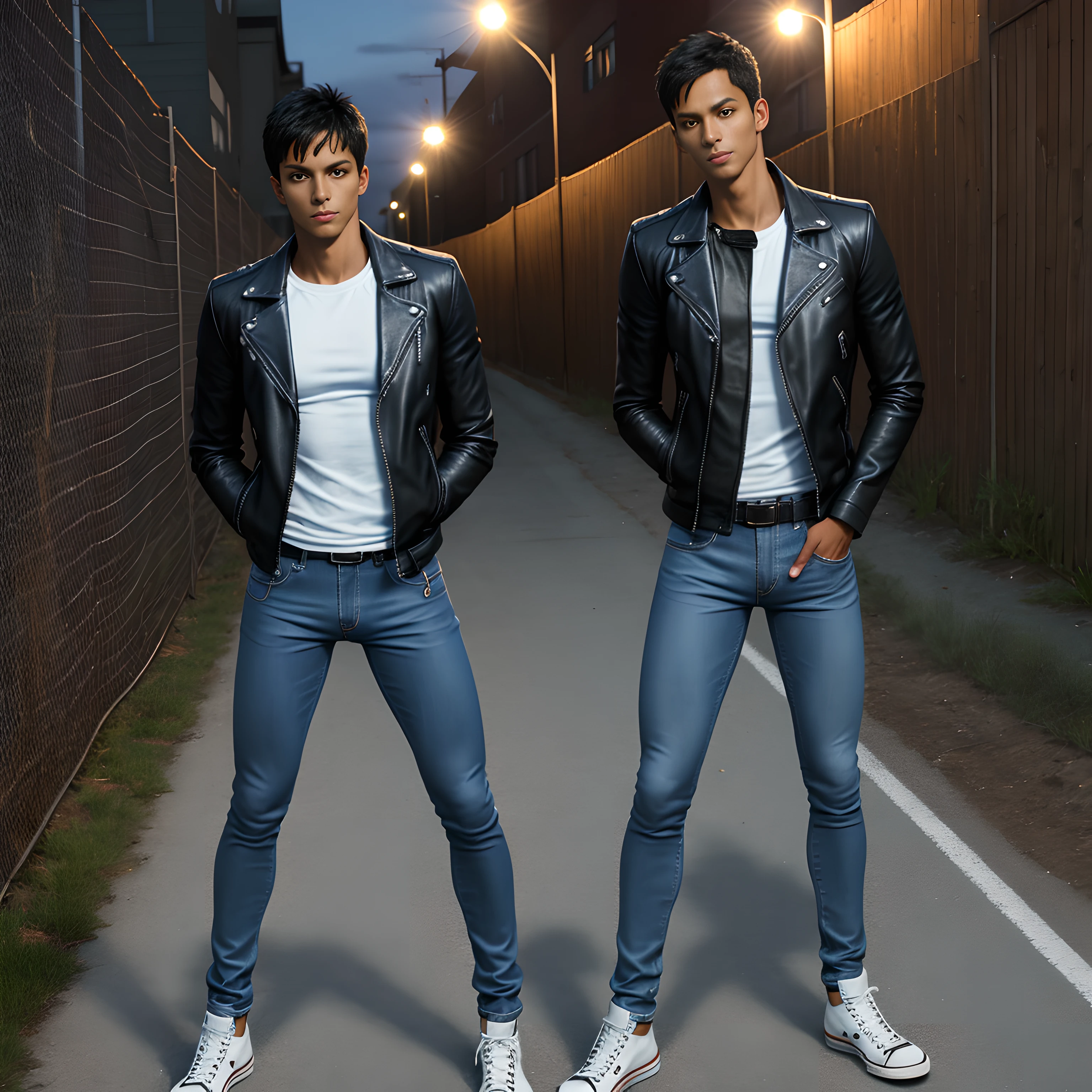 Two men in leather jackets standing on a street next to a fence - SeaArt AI