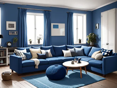 Two knitted poufs near dark blue corner sofa. Scandinavian home interior design of modern living room.