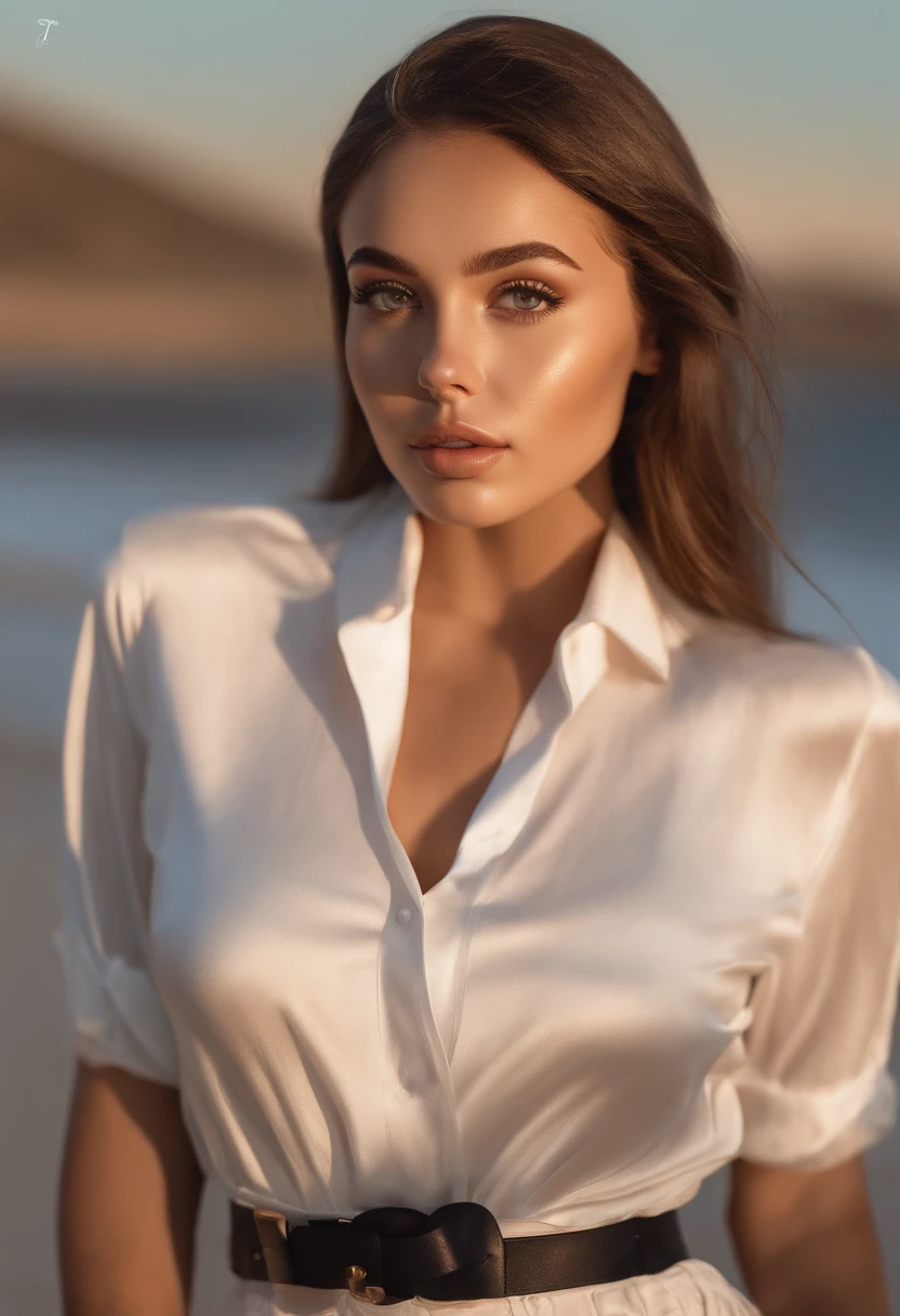 A close up of a woman in a white shirt and black belt - SeaArt AI