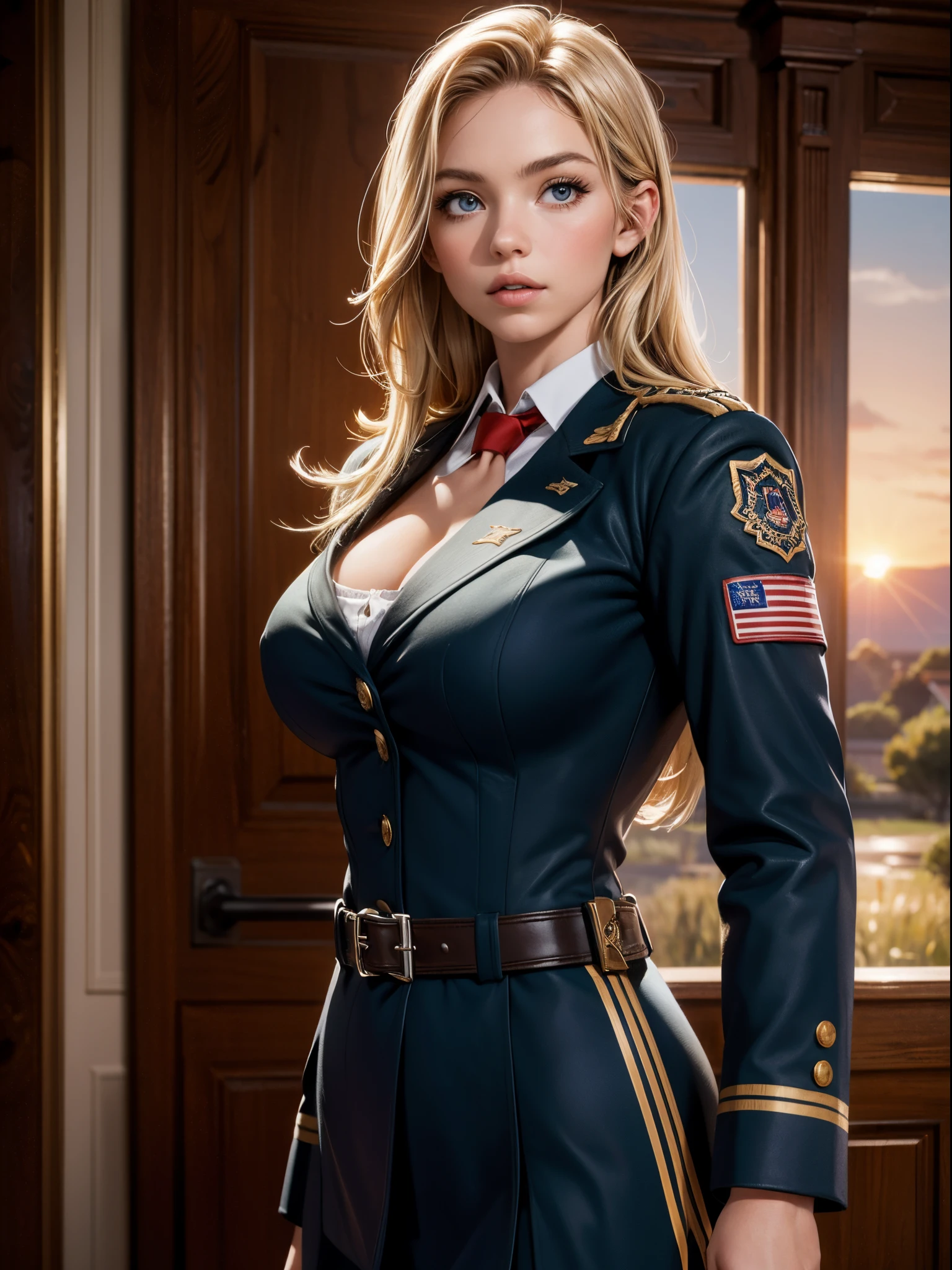 (​masterpiece), (top-quality), sunset, natural lights, ,(realistic:1.5), Sydney Sweeney as a Stunningly beautiful soldier of the American Civil War, confederaate uniform, curvaceous, short_skirt, long_blonde hair, tanned, wearing an unbuttoned military uniform, Confederate_flag, cleavage, sexy, sensual, hazel eyes, smiling, sexy pose, athletic, looking at viewer, eye contact, stunningly beautiful 20 years old American Civil War soldier, sunset, detailed battlefield in background, detailed plain in background, dynamic pose, action pose,alluring, seductive_pose, natural lights, cleavage, athletic body, medium breasts, upper body, mid shot, masterpiece, detailed, mature, bright colors, high saturation, stunningly beautiful girl, precise hands, determined expression, serious, courageous, brave, Clear eyes, Shining eyes,, ultra-definition, Top resolution,  soft lightning