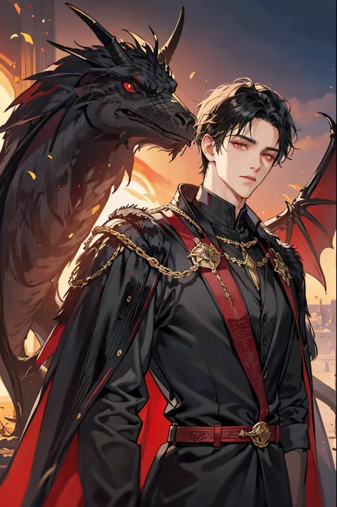 1 male, adult, handsome, short black hair, dark red eyes, tyrannical ruler, the prince, dressed in black with gold embroidery, m...