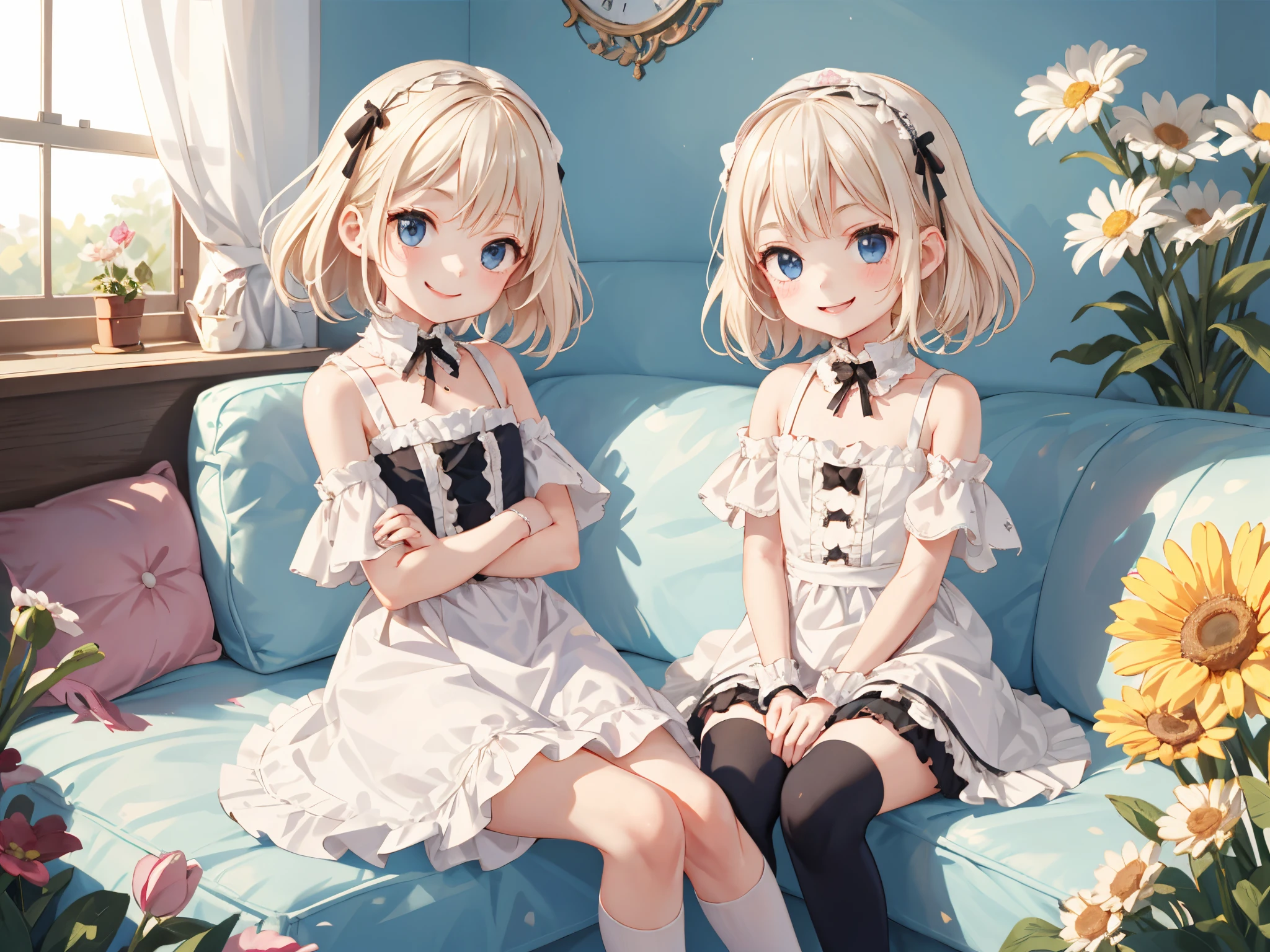 Best Quality, ultra-detailliert, Lolita Fashion, 1 young girl（8years old）,a beauty girl，A smile， with arms crossed, platinum-blonde-hair, In Los Angeles，flat chest，Perfect limbs，The morning sun shines