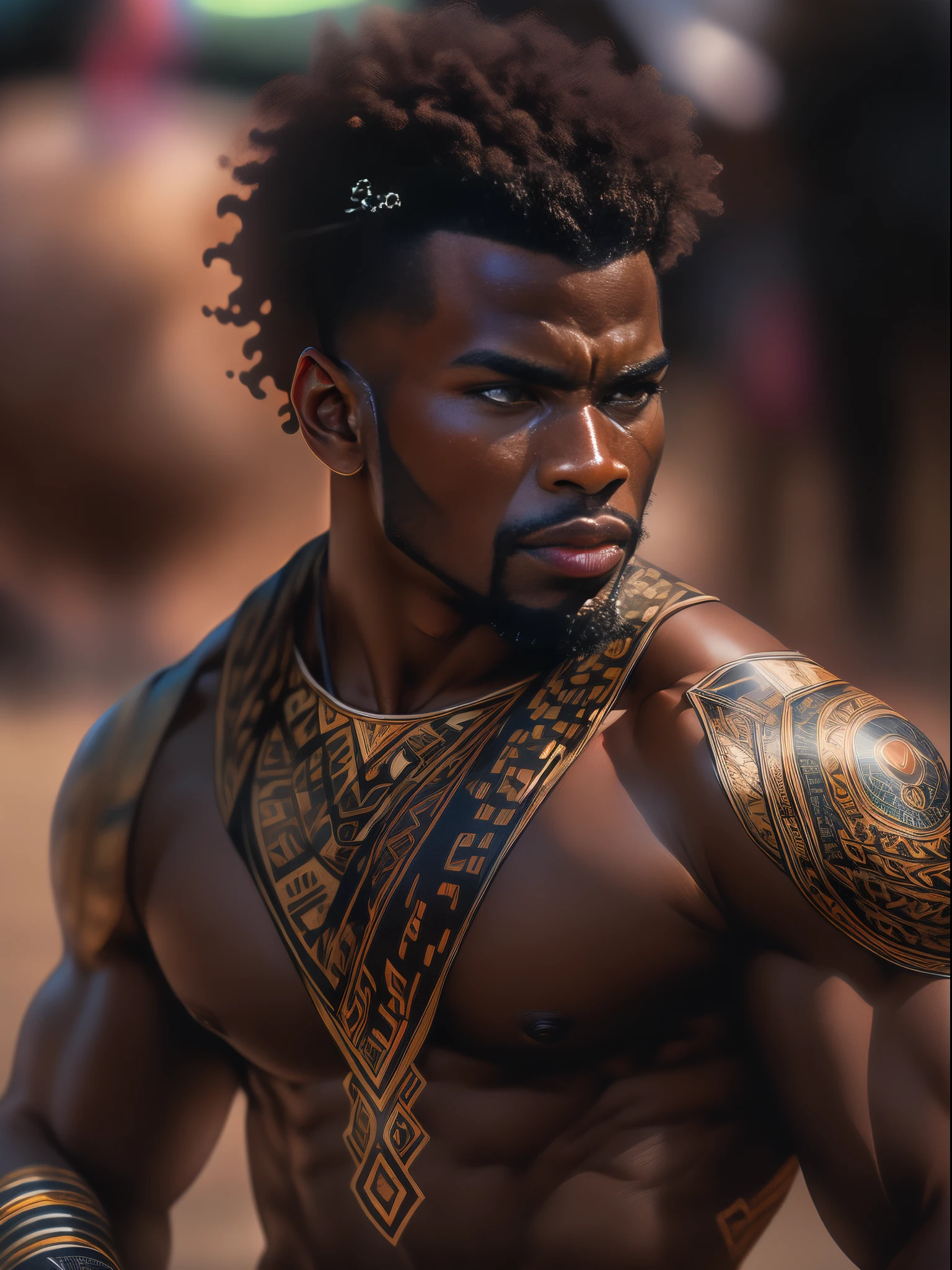 Photo of a 30 year old African man in an arena fighting a huge lion, RAW, handsome man, short afro hair (shaved on the sides), ((portrait)), (Detailed face: 1.2)), (Detailed facial features)), (Fine skin), fierce look, dark skin, high detail and wearing an African Warrior outfit, slim muscular body, action pose, dynamic angle, (warm color), , sweat, reflection, (masterpiece) ( Perfect proportions) (realistic photos) (highest quality) (detail) shot with Canon EOS R5, 50mm lens, f/2.8, HDR, (8k) (wallpaper) (movie lighting) (dramatic lighting) (sharp focus) (complex) fashion