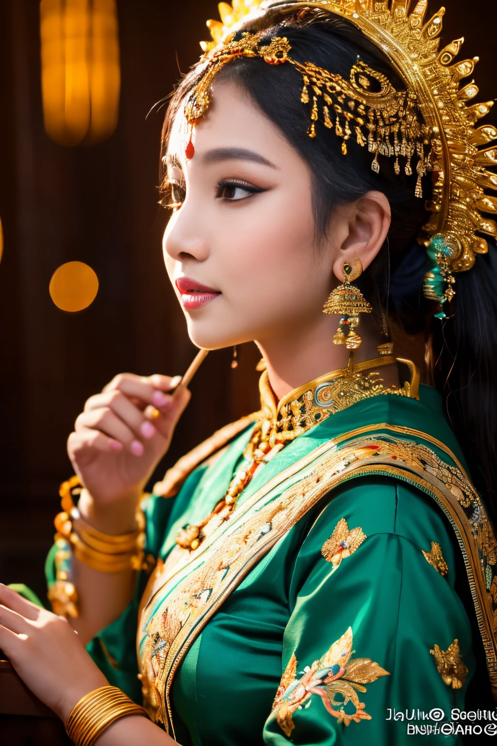 8k, highest quality, ultra details, Ajeng, Javanese beauty, girl, performing gamelan music, deeply connected to the traditional Javanese music and arts.