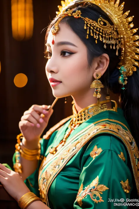 8k, highest quality, ultra details, Ajeng, Javanese beauty, girl, performing gamelan music, deeply connected to the traditional ...