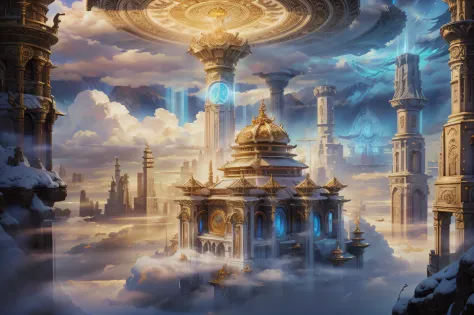 intricate detailed masterpiece, landscape, gufengmap, bright sky, city in the clouds, heavenly light, white and gold, pristine buildings, ancient ruins, glowing golden magic runes, gears and clockwork, ethereal