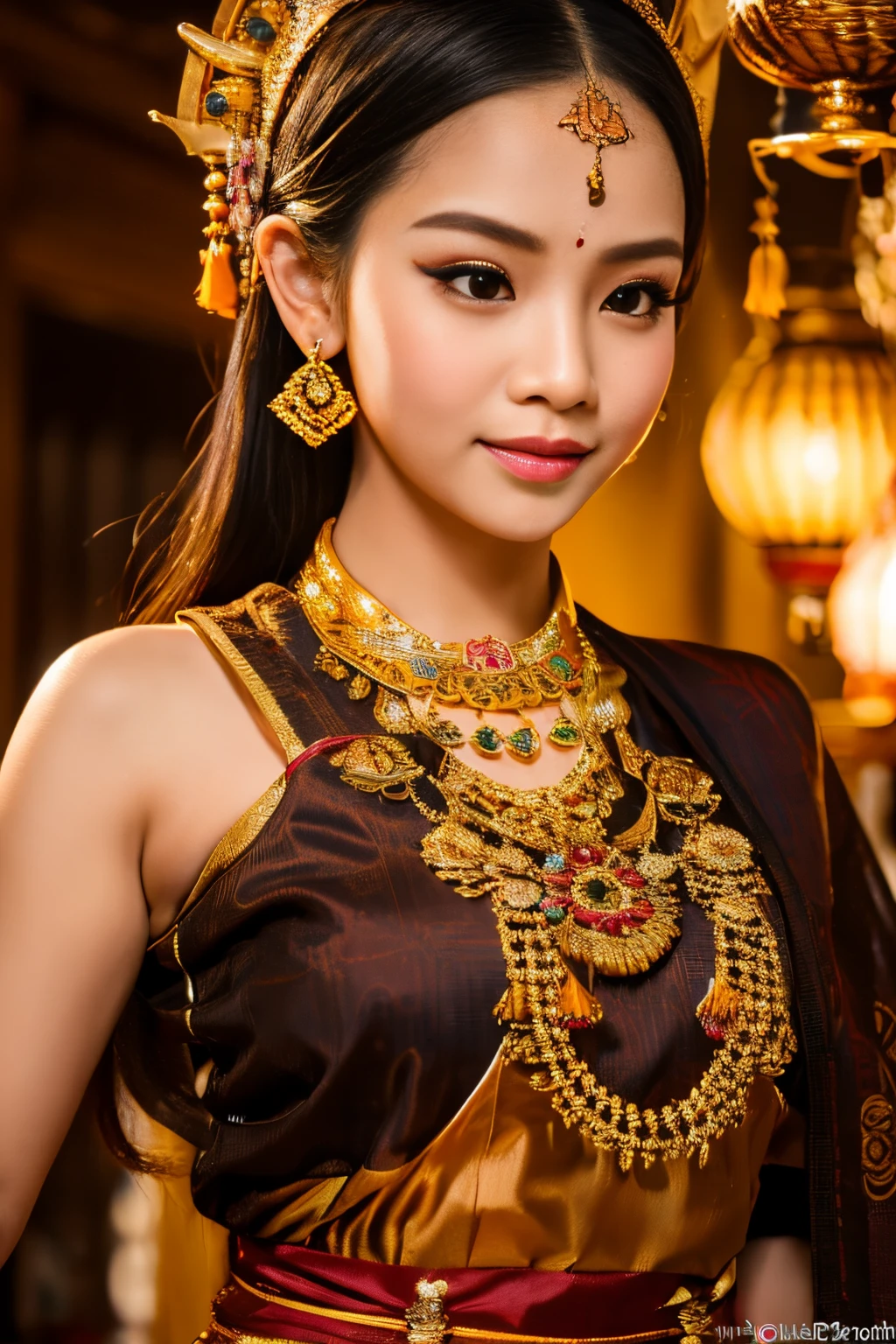 8k, highest quality, ultra details, Ajeng, Javanese beauty, girl, performing gamelan music, deeply connected to the traditional Javanese music and arts.