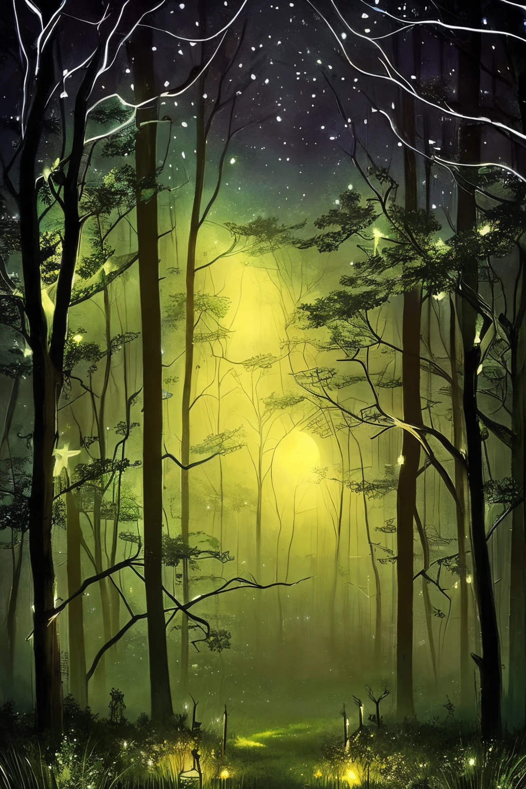 moonlit night, dark fantasy art, trees swaying, branches, muted glow of fairy lights, hollowed insides of trees, eerie and gentle glow, fireflies