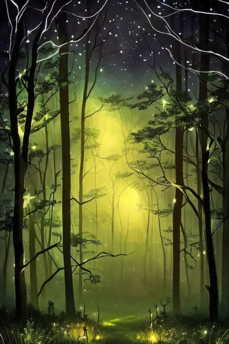moonlit night, dark fantasy art, trees swaying, branches, muted glow of fairy lights, hollowed insides of trees, eerie and gentl...