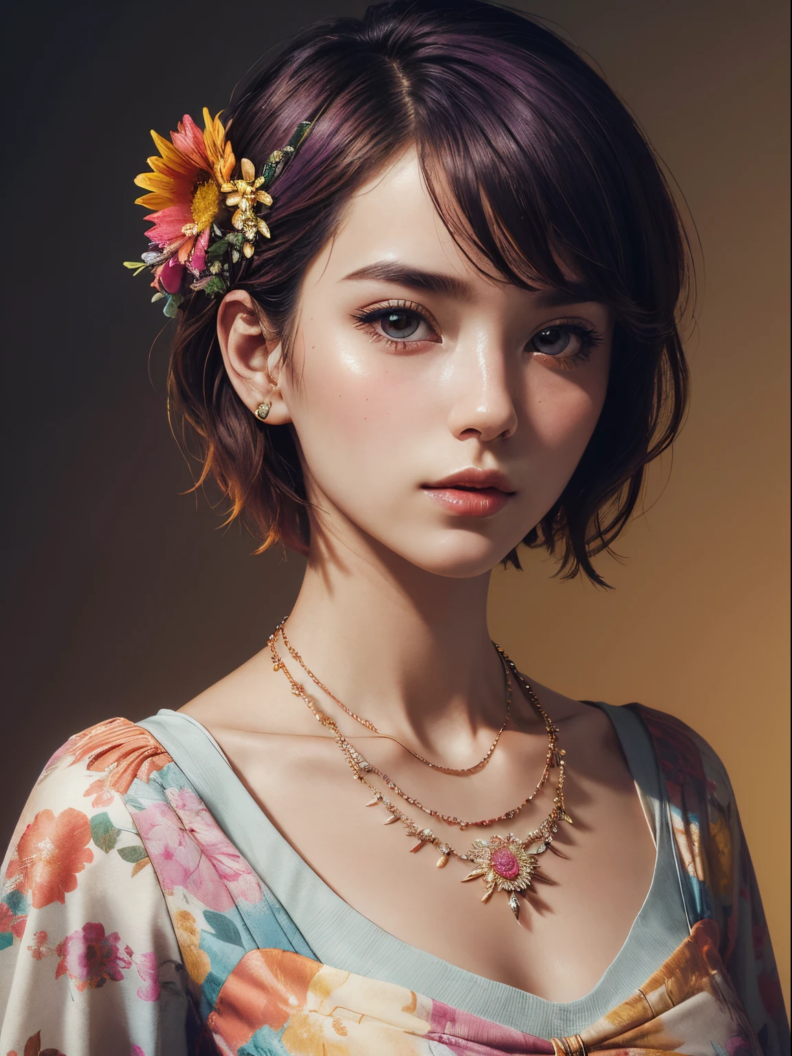 (masterpiece, best quality, beautiful girl, pretty face:1.2), solo, (close up face:1.2), 25 years old, short hair, colorful hair, colorful floral, floral background, dynamic lighting, necklace, sharp focus, raw photo, faceligh, small bust, incredibly absurdness