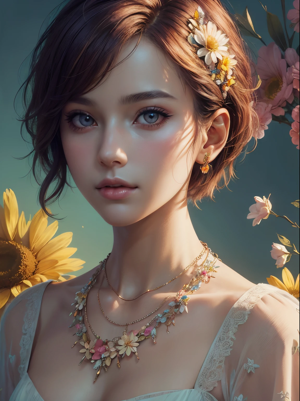 (masterpiece, best quality, beautiful girl, pretty face:1.2), solo, (close up face:1.2), 25 years old, short hair, colorful hair, colorful floral, floral background, dynamic lighting, necklace, sharp focus, raw photo, faceligh, small bust, incredibly absurdness