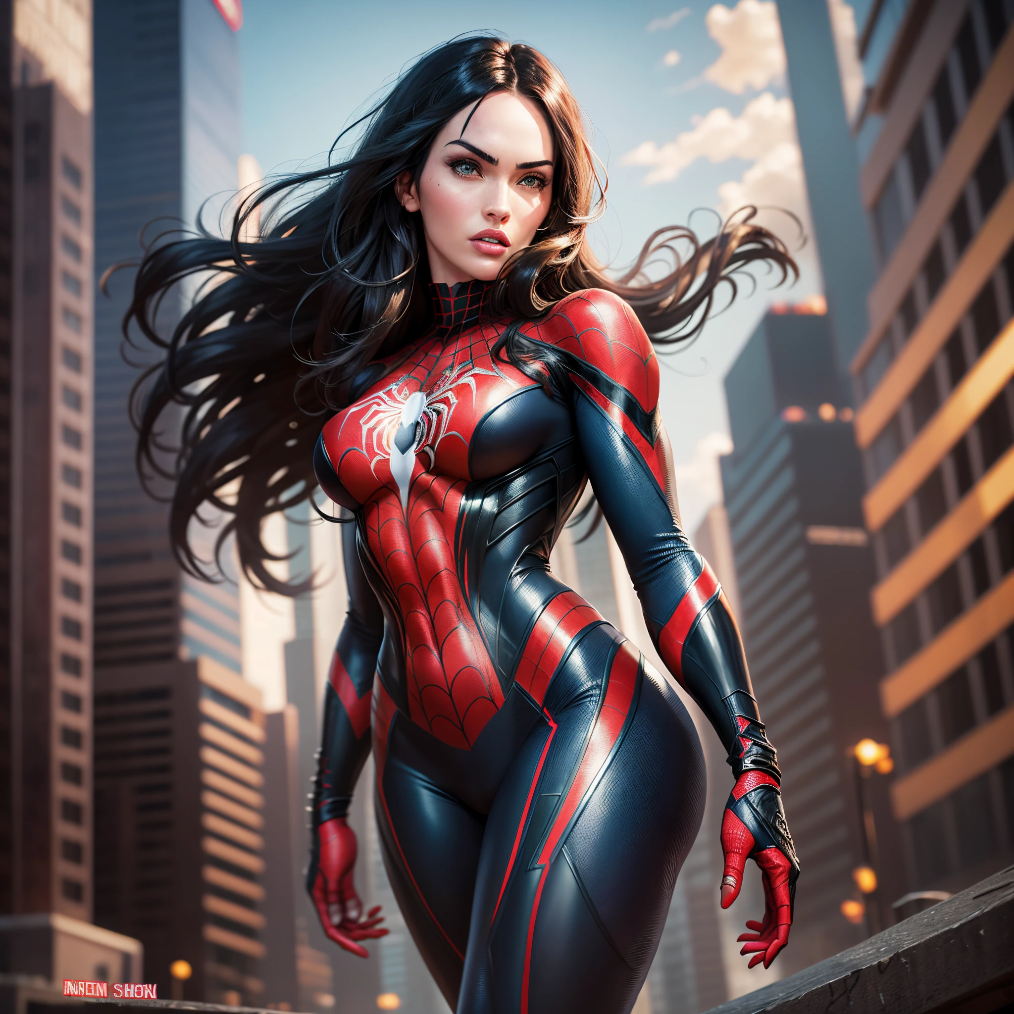 A woman in a spider - man suit standing in front of a city - SeaArt AI