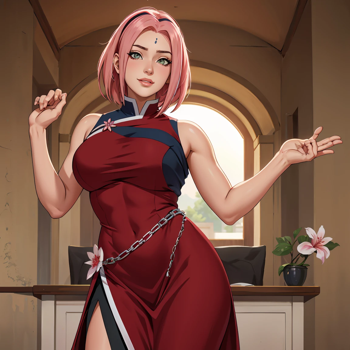 (((Suit))), Masterpiece， The best quality at the best， 1girll， Sakura Haruno， BIG BREASTS，Off the shoulder clothing，pose the model rotica,（neckline)，（Closeup of upper body)，Sexy servant，is shy，smile，with pink hair， Long whitish hair， （Green eyeballs:1.4)， forehead protection， the cherry trees，cherry blossoms flying，Red clothes, busty figure, :1.1, :1.1, Ahegao:1.1