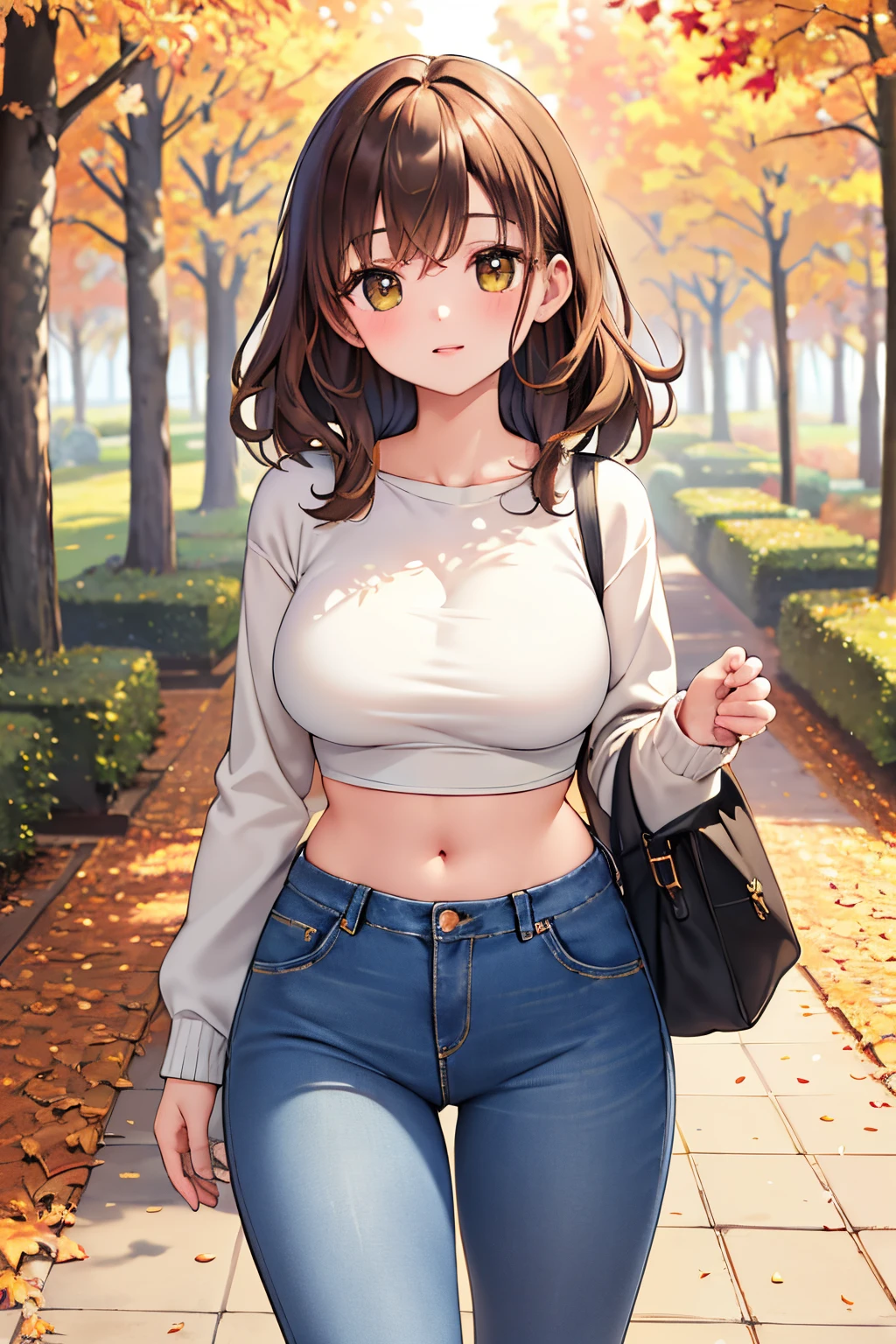 (masterpiece, best quality), 1girl, Cozy Autumn themed Walk, nature walk, Autumn day, flora, beautiful lighting, Autumn colors, Autumn elements, wearing a bra with jeans