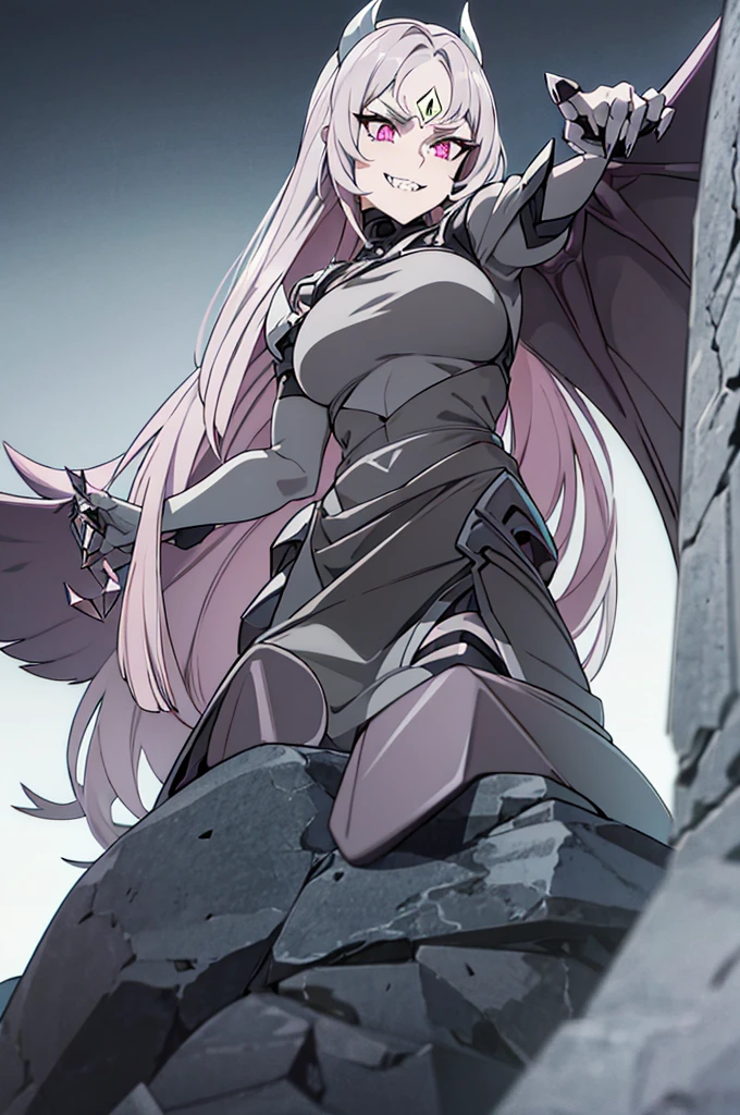 Anime Gargoyle woman. Gray stone skin, Long dark gray hair, pink eyes, long  stone gray color claws, Giant stone gray color wings - SeaArt AI