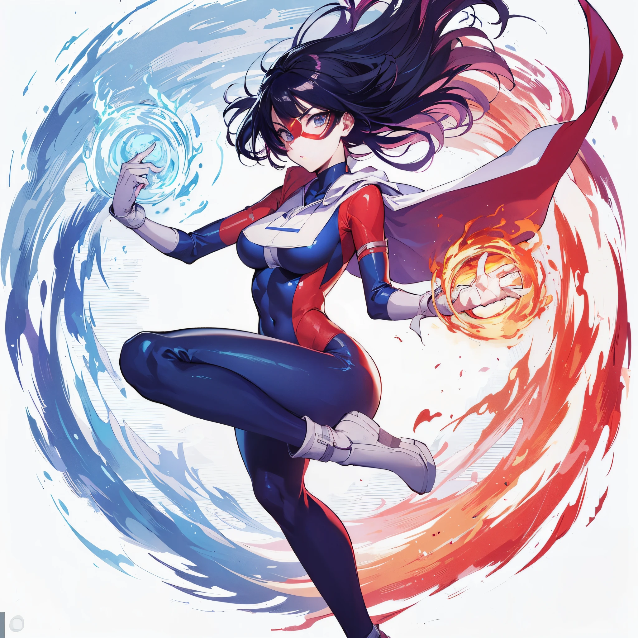 (masutepiece, of the highest quality), (Perfect athlete body: 1. 2), (Fine hair), Ultra Detail, Anime style, Full body, Solo, Superpowered high school girl heroine, hero domino mask, highleg leotard, Gloves and knee boots, image color: red and blue, Black and white hair, Flying Blue Sky, , Background: white , Full body, Energy pulse, ((Fire and ice in a woman&#39;s hands)) (spinning pose)