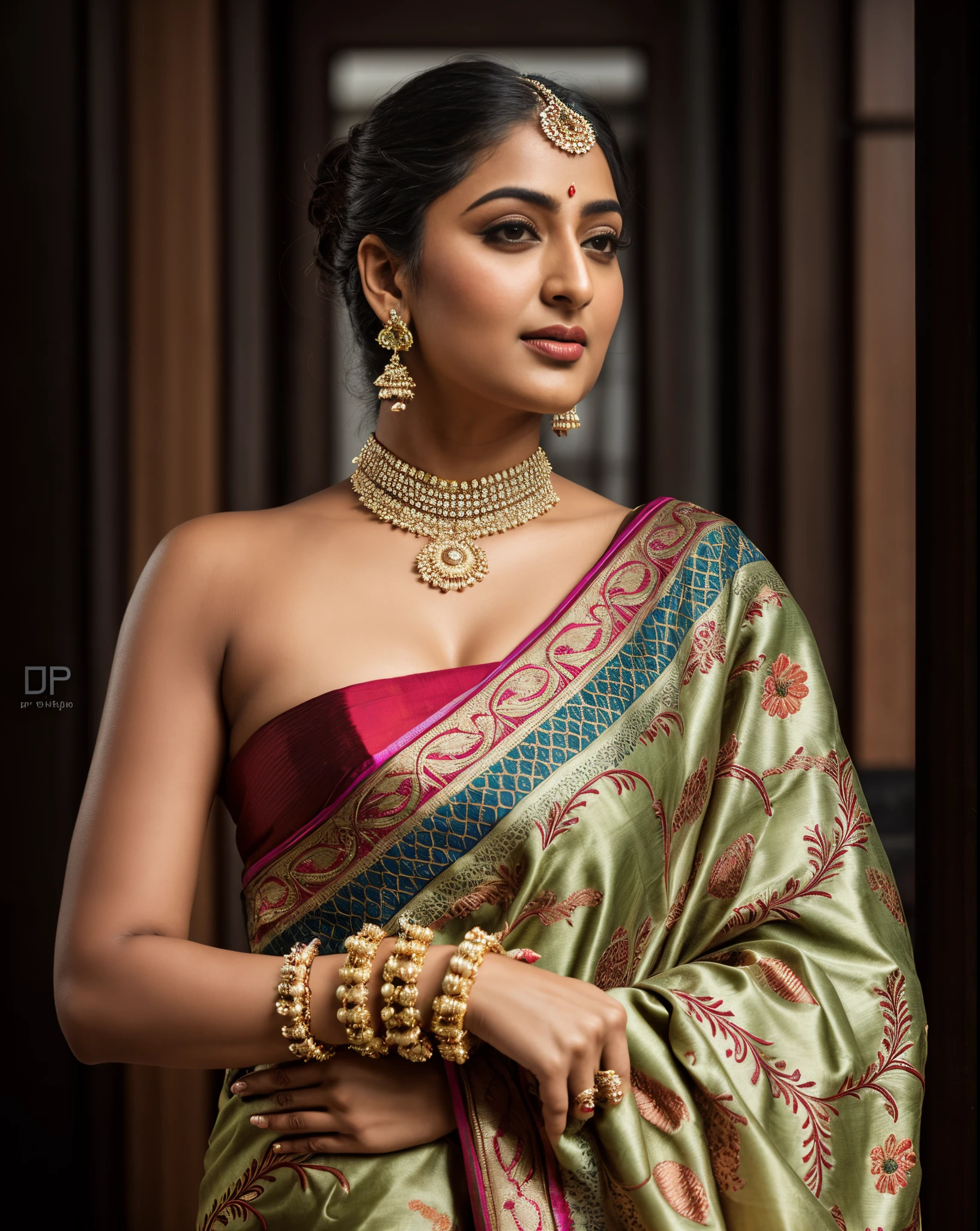 Anusha in a green sari and gold jewellery - SeaArt AI