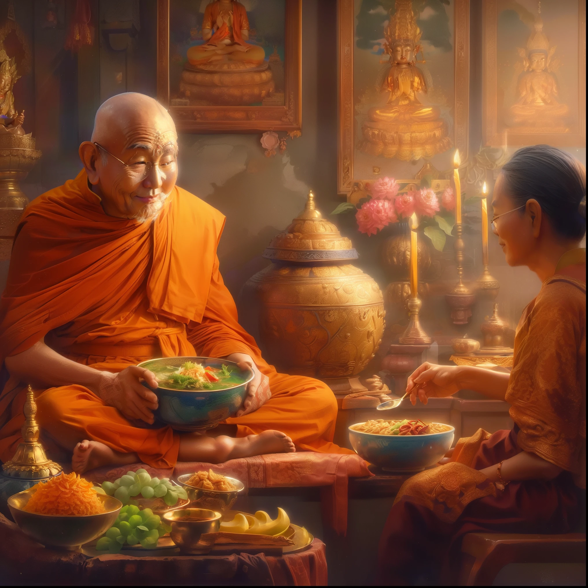 Budista monk sitting in a room with a bowl of food and a woman, Tithi Luadthong, por John La Gatta, por Alexander Kucharsky, por Johfra Bosschart, por James Gurney, por Harrington Mann, Arte tailandés, Budista monk, por Galen Dara, Budista, by Pablo Munoz Gomez, Budismo