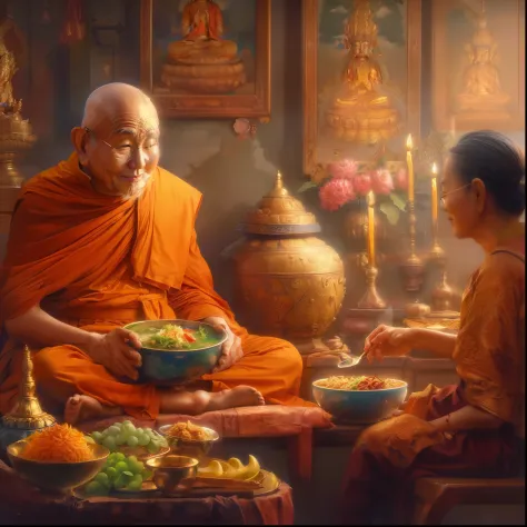 buddhist monk sitting in a room with a bowl of food and a woman, tithi luadthong, by John La Gatta, by Alexander Kucharsky, by J...