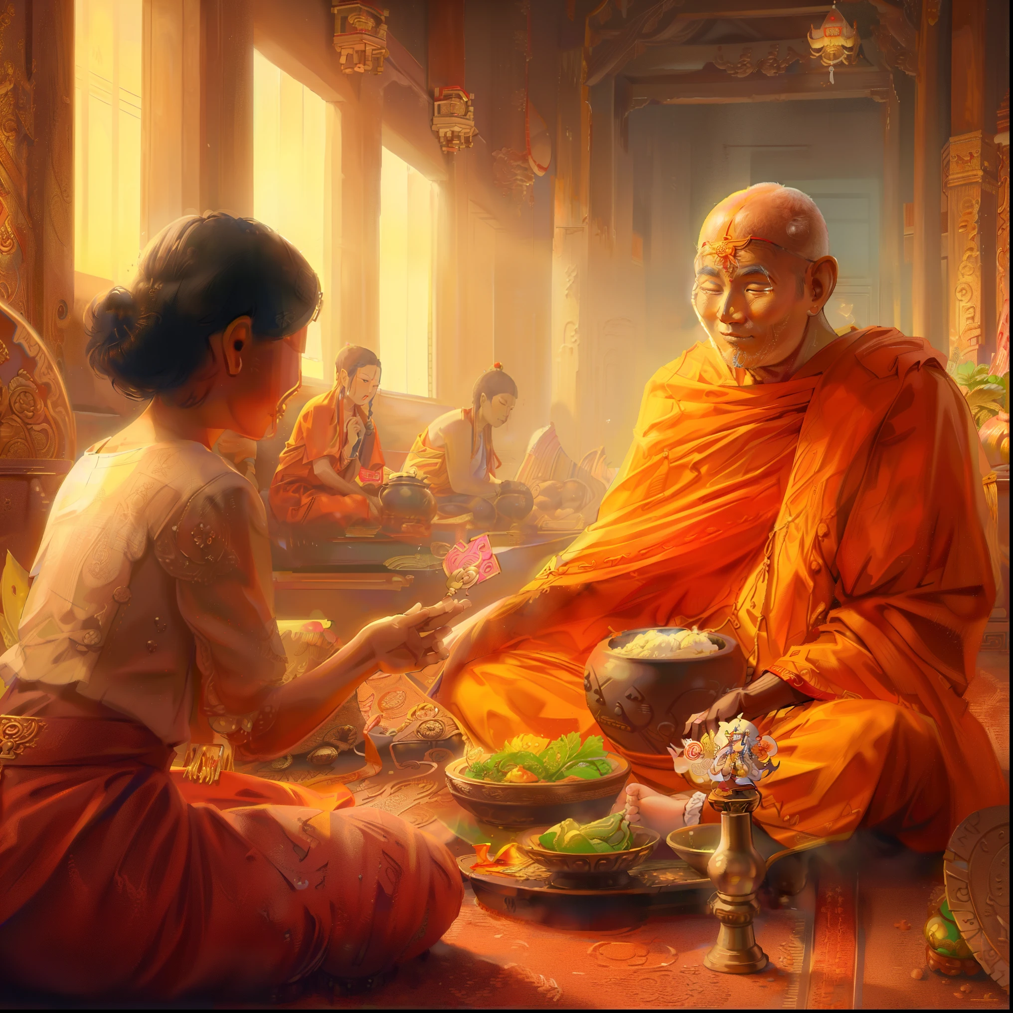 buddhist monk giving food to a young girl in a temple, tithi luadthong, by John La Gatta, buddhist, thailand art, buddhist monk, beautiful depiction, by Pablo Munoz Gomez, by Alexander Kucharsky, begging for alms, buddhism, monk meditate, buddhist monk meditating, by Harrington Mann, by Raymond Han, in a temple