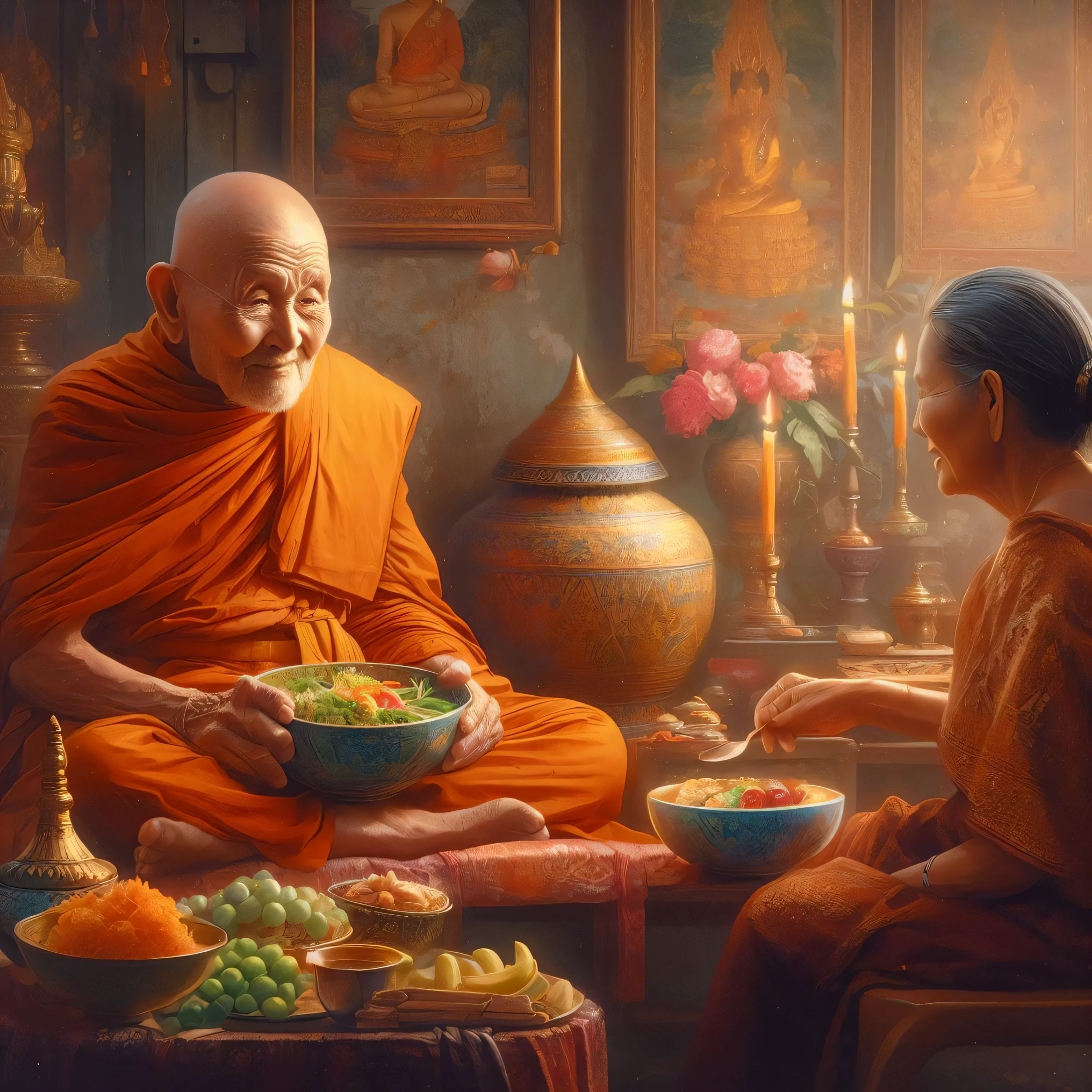 buddhist monk sitting in a room with a bowl of food and a woman, tithi luadthong, by John La Gatta, by Alexander Kucharsky, by Johfra Bosschart, by James Gurney, by Harrington Mann, thailand art, buddhist monk, by Galen Dara, buddhist, by Pablo Munoz Gomez, buddhism