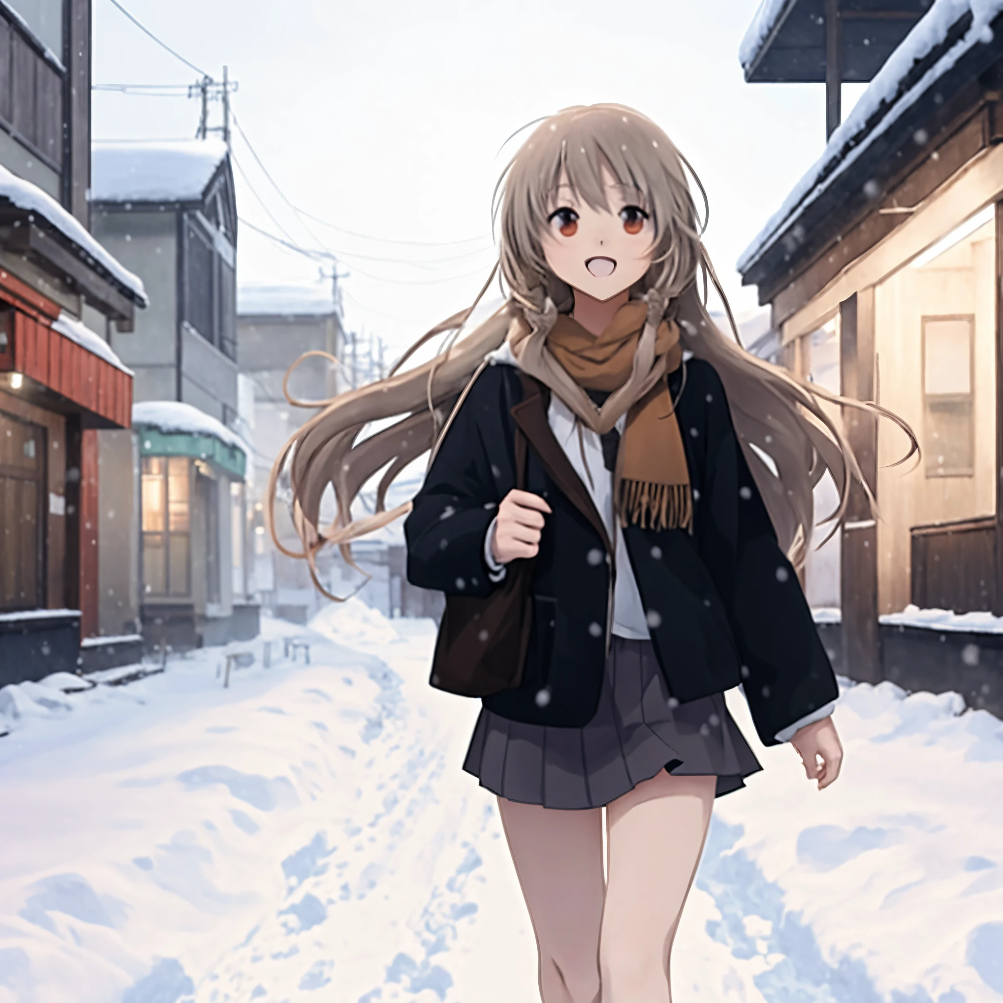 Anime girl walking on the snowy street in winter, Anime visuals of a cute girl, Anime rapunzel girl, in the snow, Anime style 4k, Beautiful anime high school girl, In the snow, The best girl in anime, in style of kyoto animation, (animemanga girl), Estilo de Makoto Shinkai, Thick winter aesthetics, Beuatiful anime, An anime girl with long white hair