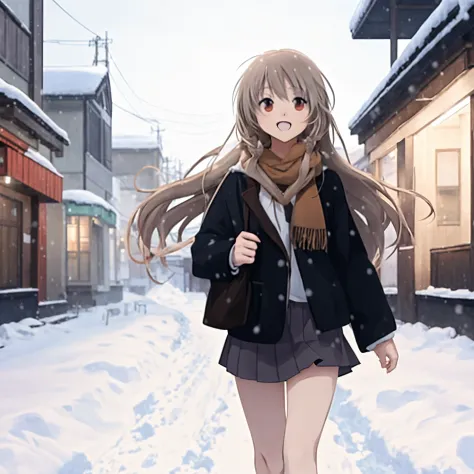 Anime girl walking on the snowy street in winter, Anime visuals of a cute girl, Anime rapunzel girl, in the snow, Anime style 4k...