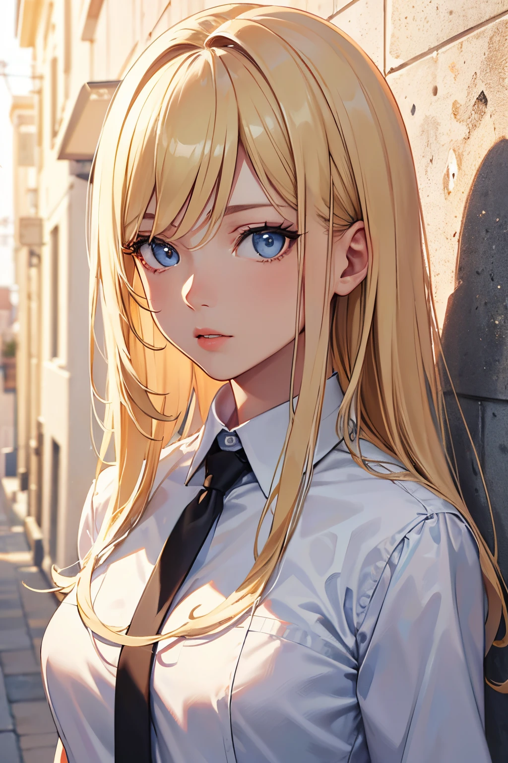 masterpiece, best quality, 1girl, blonde hair, blue eyes, dark skin, white shirt, mugshot, wall background, detailed eyes, detailed facial features, realistic and high resolution (best quality, 4k, 8k, highres, masterpiece:1.2)
