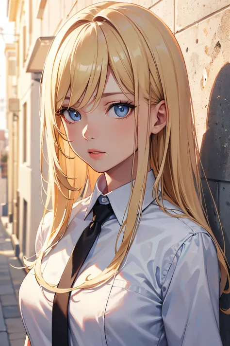 masterpiece, best quality, 1girl, blonde hair, blue eyes, dark skin, white shirt, mugshot, wall background, detailed eyes, detai...