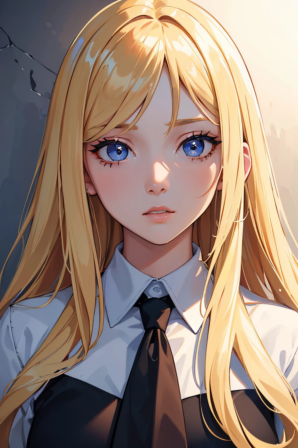 masterpiece, best quality, 1girl, blonde hair, blue eyes, black skin, white shirt, mugshot, wall background, detailed eyes, detailed facial features, realistic and high resolution (best quality, 4k, 8k, highres, masterpiece:1.2)