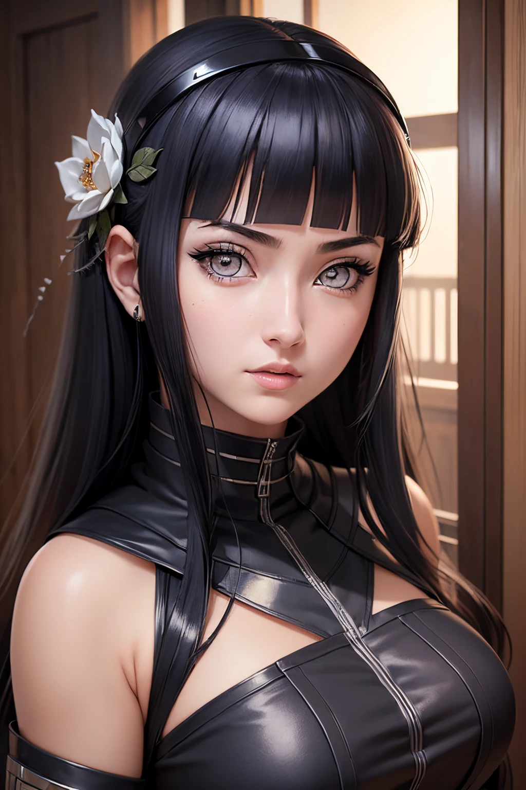 (masterpiece, high quality, highly detailed),( 1 girl, hinata huyuga, Beautiful face, detailed face, White eyes, in black assassin outfit,) thorn princess outfit