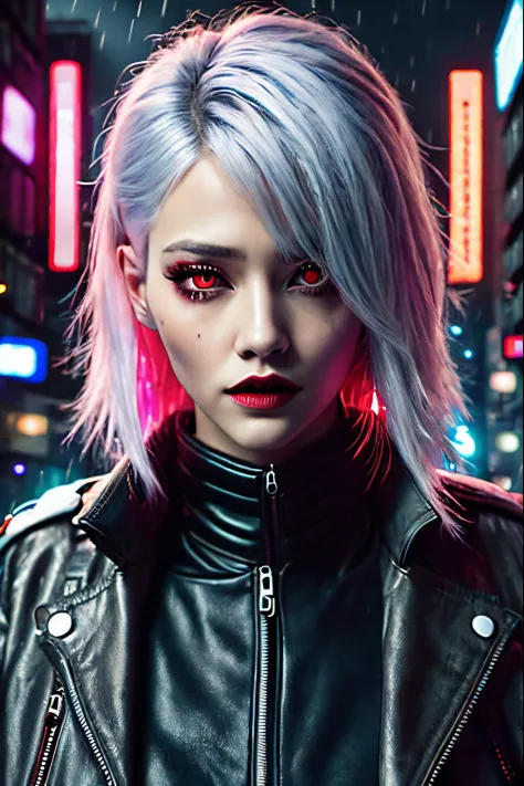 lucy \(cyberpunk\), 1girl, hair cutting, hime cut, silver haired, colored tips, full moon, red-eyes, jacket, long sleeves, looki...