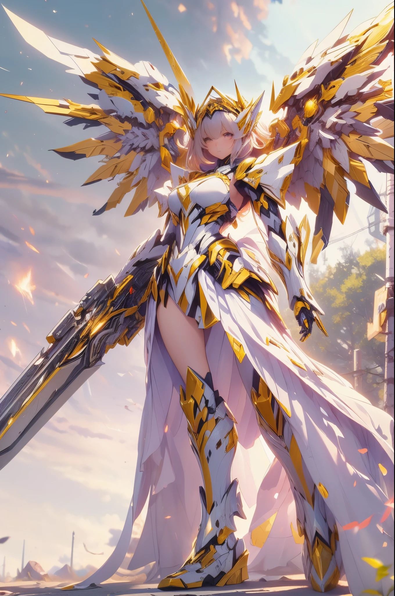 (best quality, masterpiece:1.4), high resolution, extremely details 8K unity CG wallpaper, (anime style, 2D illustration:1.3), BREAK girl, mecha girl, gundum impact, angel style, energy wings, huge mecha sword, golden and white theme armor, beauty background