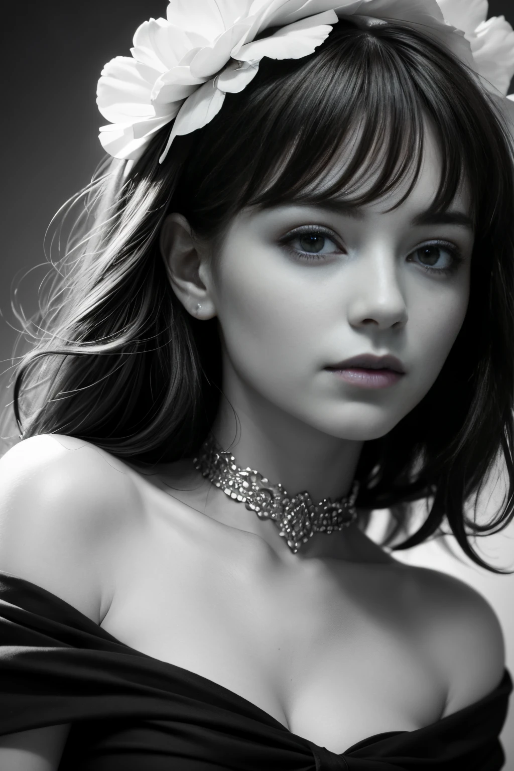 8k, highest quality, ultra details, Emma, European-American beauty, woman, classic black and white portrait, timeless beauty, capturing the essence of elegance.