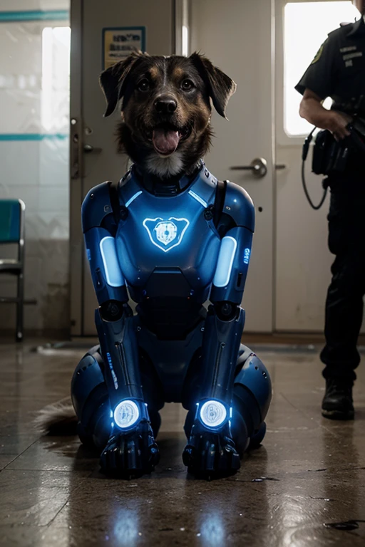 robot dog. blue neon. futuristic. The dog is guarding poor human prisoners in a palestinian hospital. the robot dog has Israeli decals on his side plates. The robot has 2 laser guns build on his back. His entire body is drenched in blood from it's victims. The dog is looking really angry to the children. The children are crying. 8K. Futuristic.