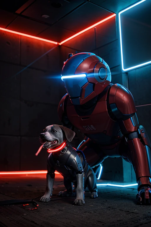 a robot dog in red neon who is a attacking a blue neon robot dog. They are fighting and ready to kill each other.