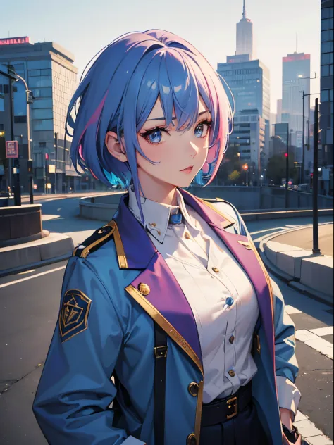 masterpiece, best quality, 1girl, blue hair with pink highlights, short hair, blue eyes, oversize jacket, city background, detai...