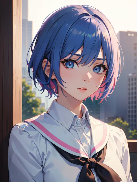 masterpiece, best quality, 1girl, blue hair with pink highlights, short hair, hime cut, blue eyes, school uniform, city backgrou...