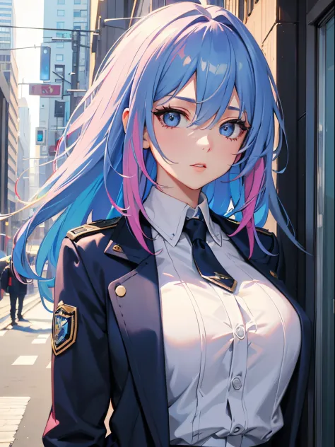 masterpiece, best quality, 1girl, blue hair with pink highlights, blue eyes, oversize jacket, city background, detailed eyes, de...