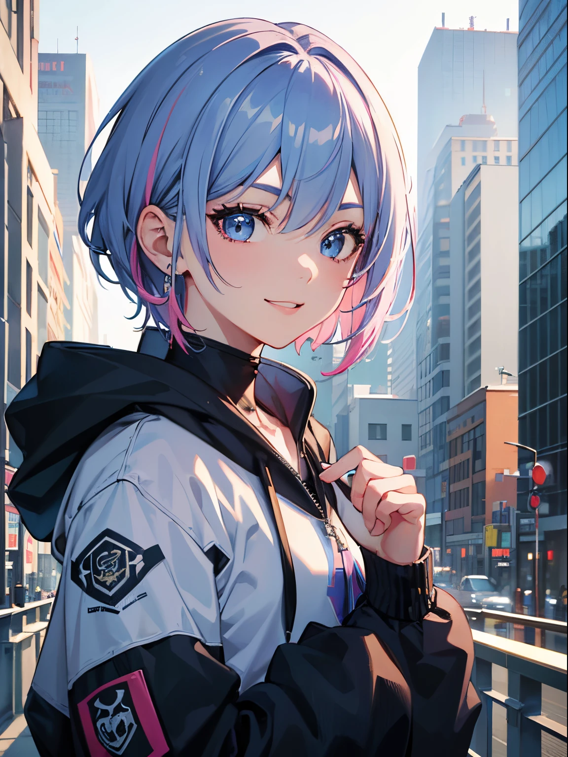 masterpiece, best quality, 1girl, blue hair with pink highlights, short hair, hime cut, blue eyes, oversize hoodie, techwear, smile, city background, detailed eyes, detailed facial features, realistic and high resolution (best quality, 4k, 8k, highres, masterpiece:1.2)