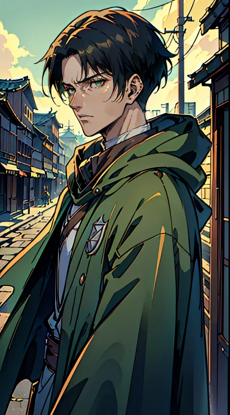 ((4k works))、​masterpiece、（top-quality)、((high-level image quality))、((one manly boy))、slim body、((green survey corps cloak fash...