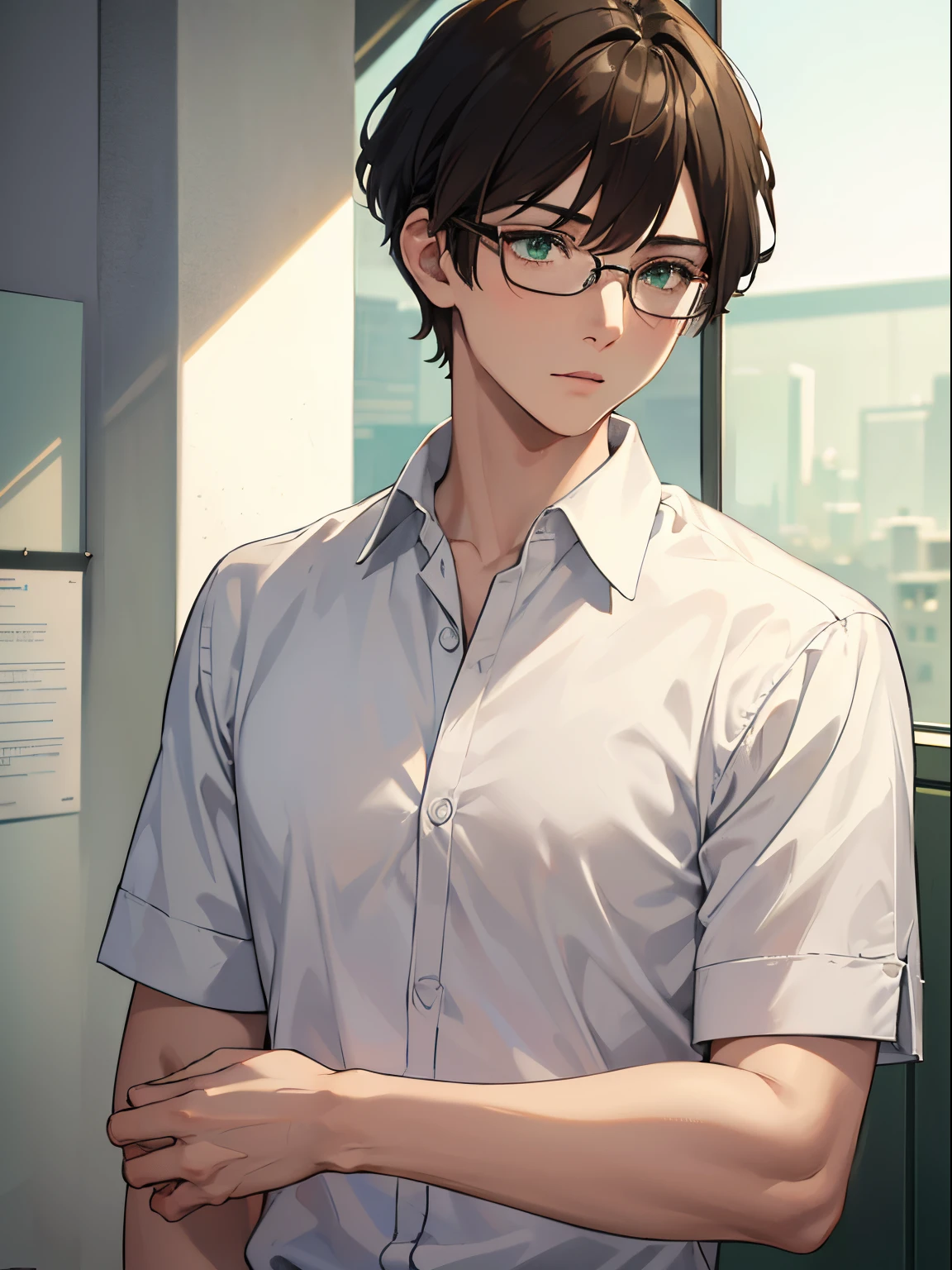 masterpiece, best quality, 1boy, brunette hair, green eyes, two block haircut, short hair, glasses, white shirt, mugshot, wall background, detailed eyes, detailed facial features, high resolution (best quality, 4k, 8k, highres, masterpiece:1.2)