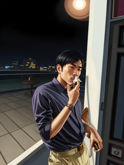 there is a 21 years old asian man standing on balcony with cigar, wearing blue navy shirt, he is smoking a cigarette, smoking wi...