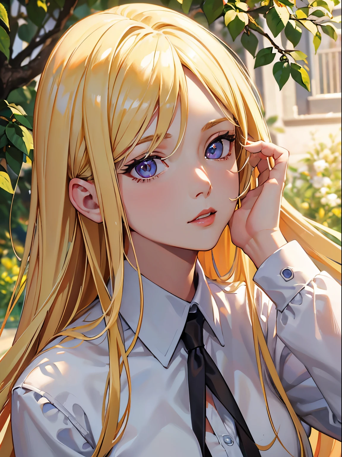masterpiece, best quality, 1girl, blonde hair, blue eyes, white shirt, garden background, detailed eyes, detailed facial features, realistic and high resolution (best quality, 4k, 8k, highres, masterpiece:1.2)