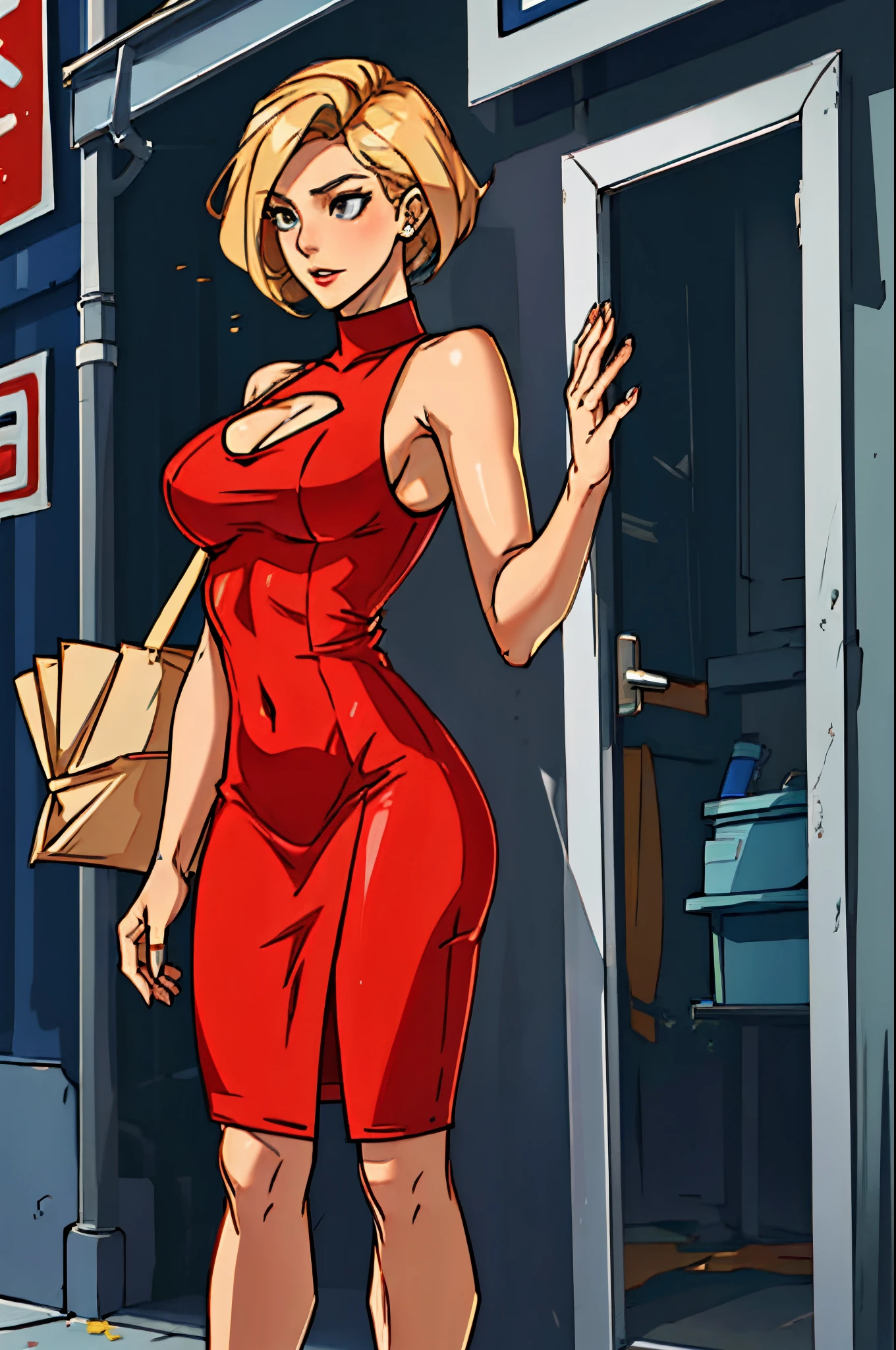 Blonde Sexbombe, groß, Spion, rotes Kleid